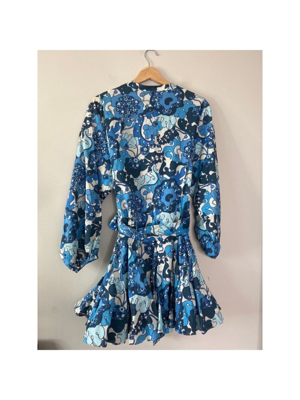 NEW Rhode Button Up Pleated Long Puff Sleeves Mini Dress Blue Size: Extra Small - Picture 6 of 7